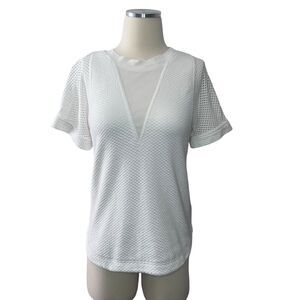 Rebecca Taylor Womens Top 6 White Mesh Sleeves Curved Hem